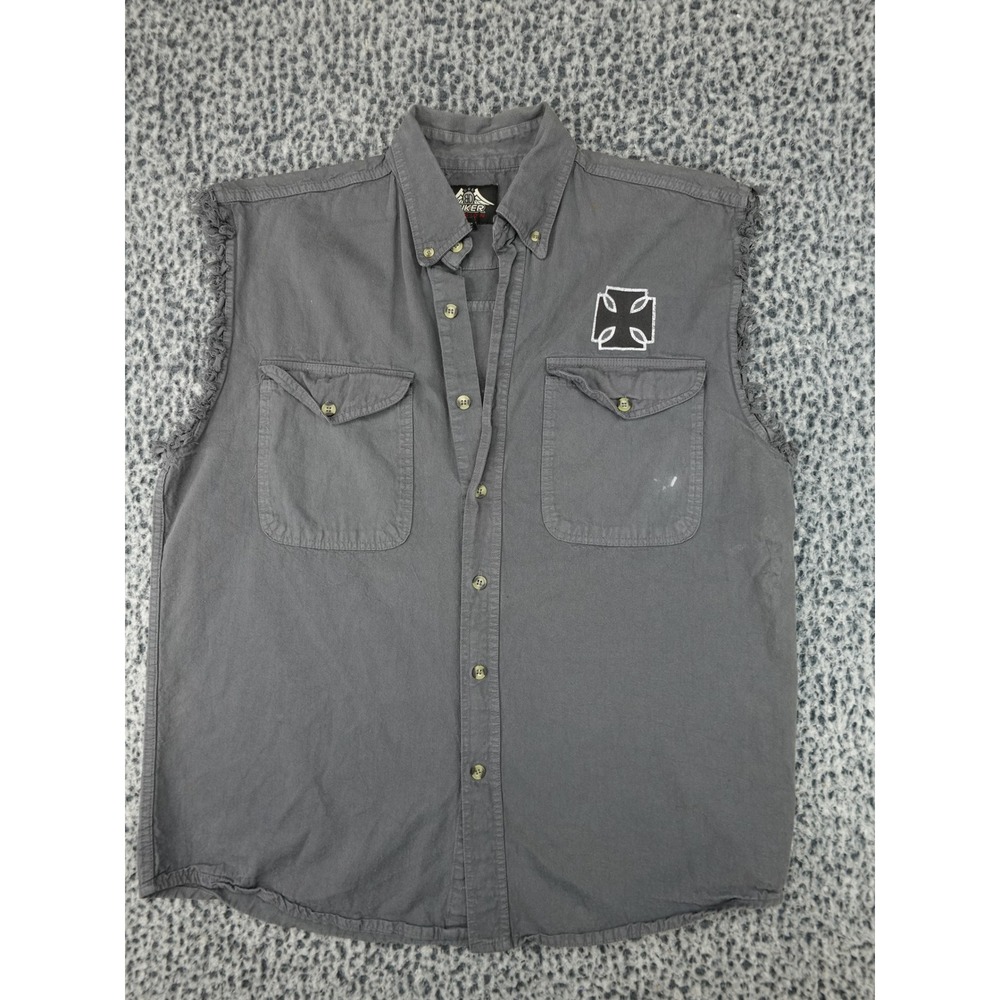 Biker Design Sleeveless Shirt Mens Large Gray Ride Free Graphic Button Down